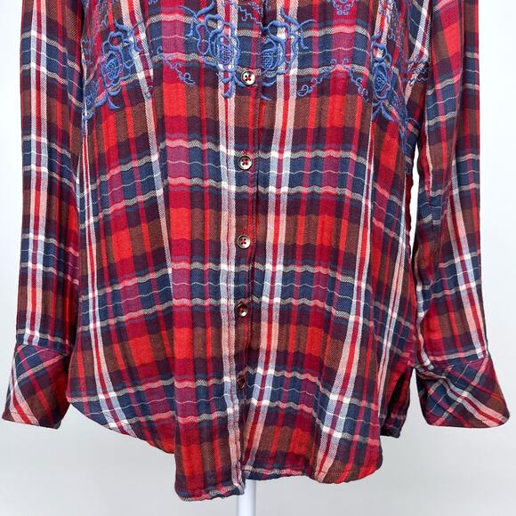 Free People Magical Plaid Embroidered Button Down Top Small Boho Western Fall - Picture 5 of 16